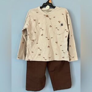 Boys 4T Set | Beige Horse Print Long Sleeve Top with Brown Pants